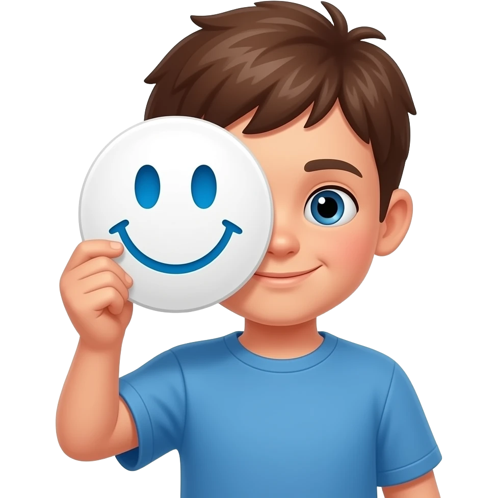 brown-haired boy holding a white smiley-face disc over half their face emoji