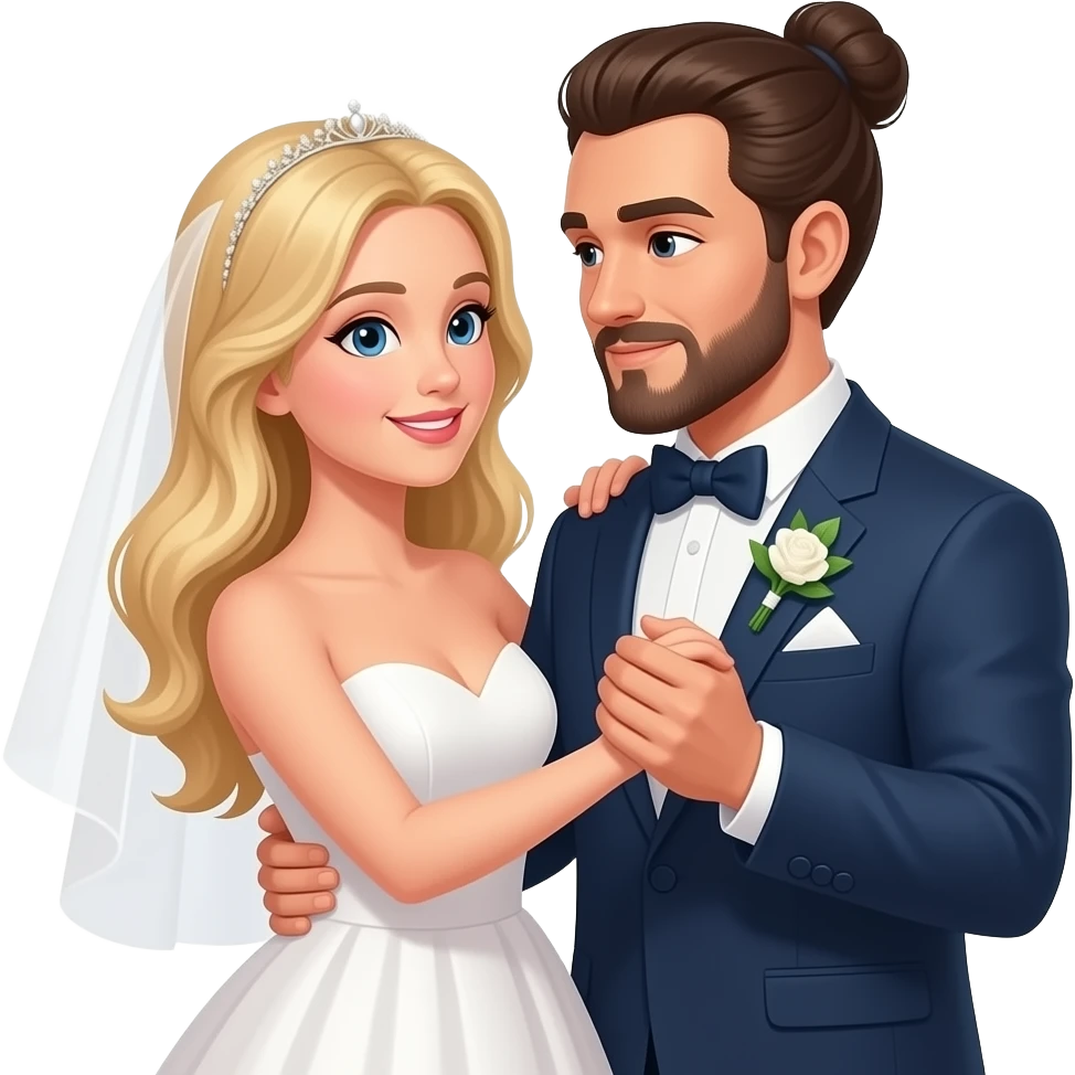 Married couple dancing at wedding, woman is blonde hair, man has a long hair bun and a goatee emoji
