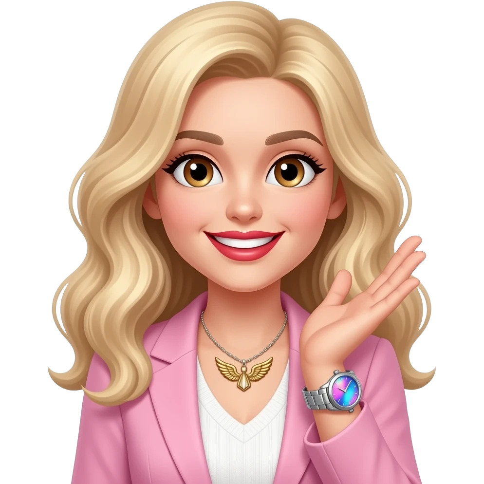 Slightly wavy blonde hair + Big light brown eyes with spark + happy teeth smile +  bronze color angel wing necklace + armwatch with blue&pink hologram dial and silver band + red lipstick + pink blazer + white pullover with open neck emoji