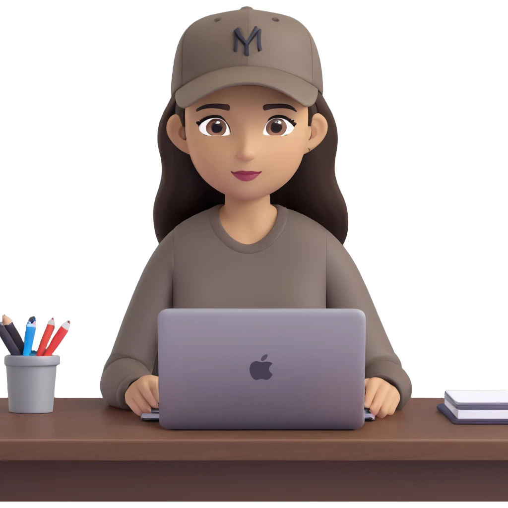 A professional 3D avatar of a young woman with olive skin and long, dark brown hair, wearing a dark, long-sleeved dark taupe shirt and a black baseball cap. She's sitting at a sleek wooden desk, typing on a silver MacBook. emoji