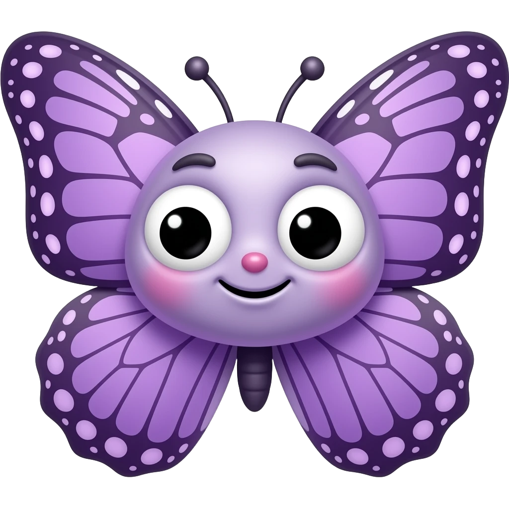 Милая озорная мордочка бабочки с фиолетовыми крыльями, смотрит вправо, улыбается emoji