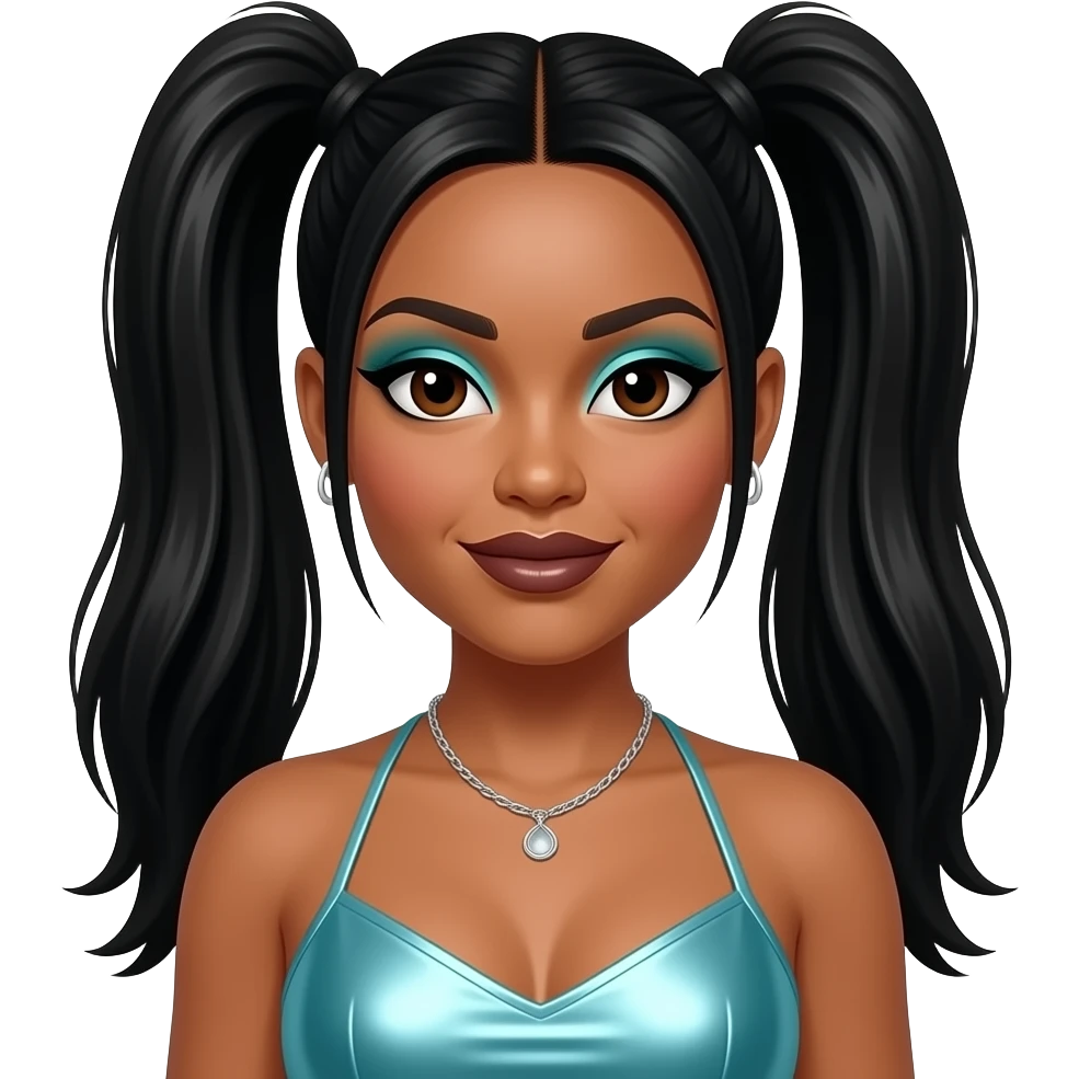Lisa Left Eye Lopes of TLC with dark brown eyes, black two high ponytail hair, cyan eyeshadow, dark brown lipstick, cyan metallic halter dress, silver necklace and earrings emoji