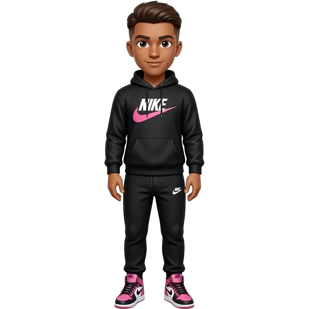 make a tan 22 year old man with a brown low taper fade and his skin color is tan, wearing black nike sweatshirt and black nike pants with pink jordan 4 emoji