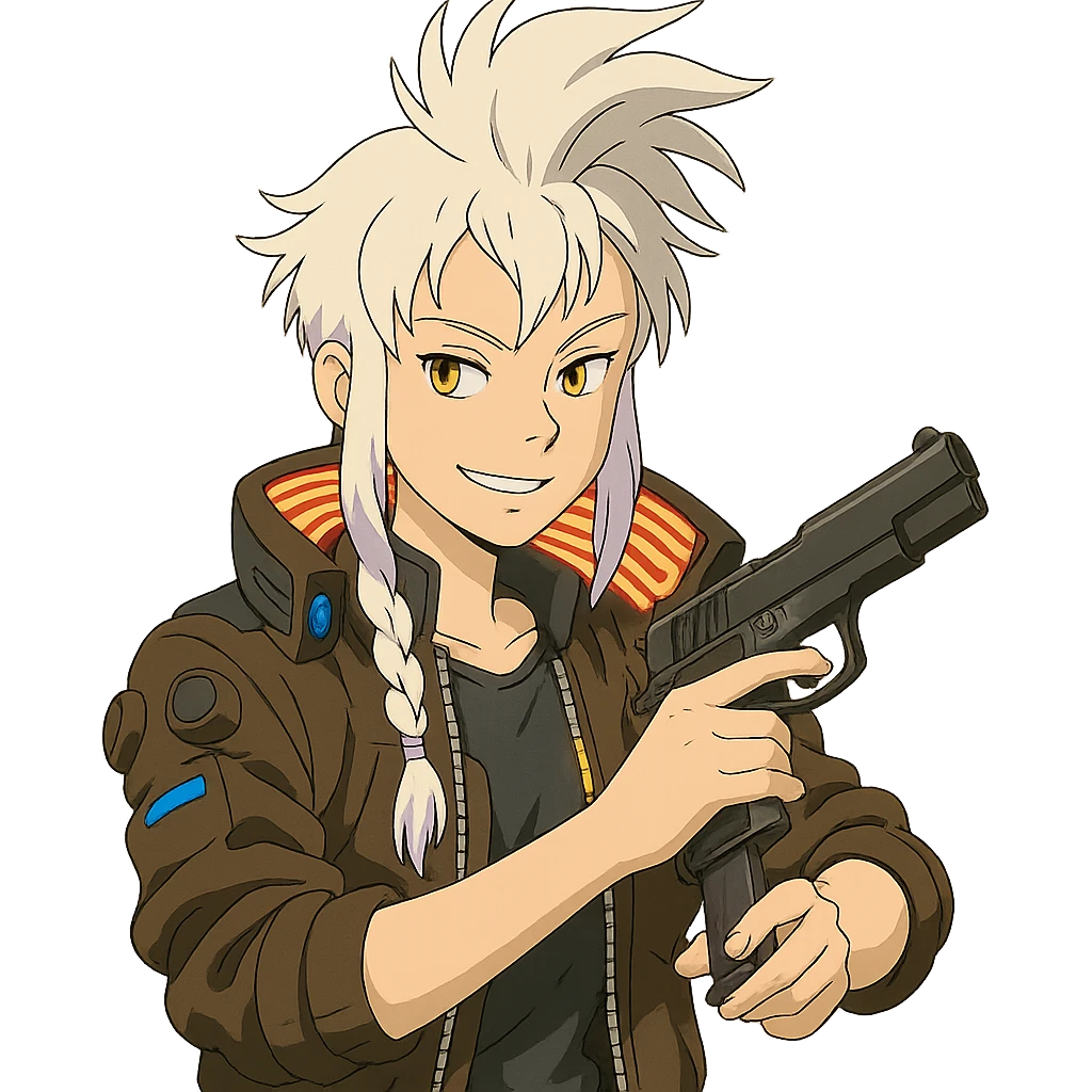 1 female, gold yellow eyes, white hair lavender tips, long white braid, unruly locks in front, mohawk, wearing trademark cyberpunk jacket with the lit up inner collar, reloading a m9 pistol with a smirk emoji