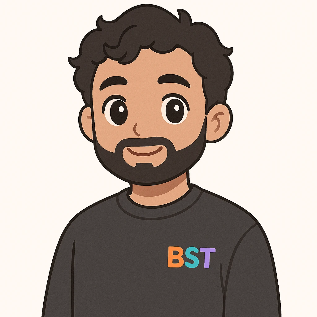 2D digital anime-style portrait of a young adult male with medium skin tone, short wavy black hair, almond-shaped black eyes, and a full beard. Wearing a plain dark grey or black sweatshirt with the BST logo in vibrant colors (orange, teal, purple, blue) on the left chest. Solid black background. Facing forward with a slight smile (no teeth). Soft and flat lighting, clean anime lines, smooth shading. Professional, cohesive team style. emoji