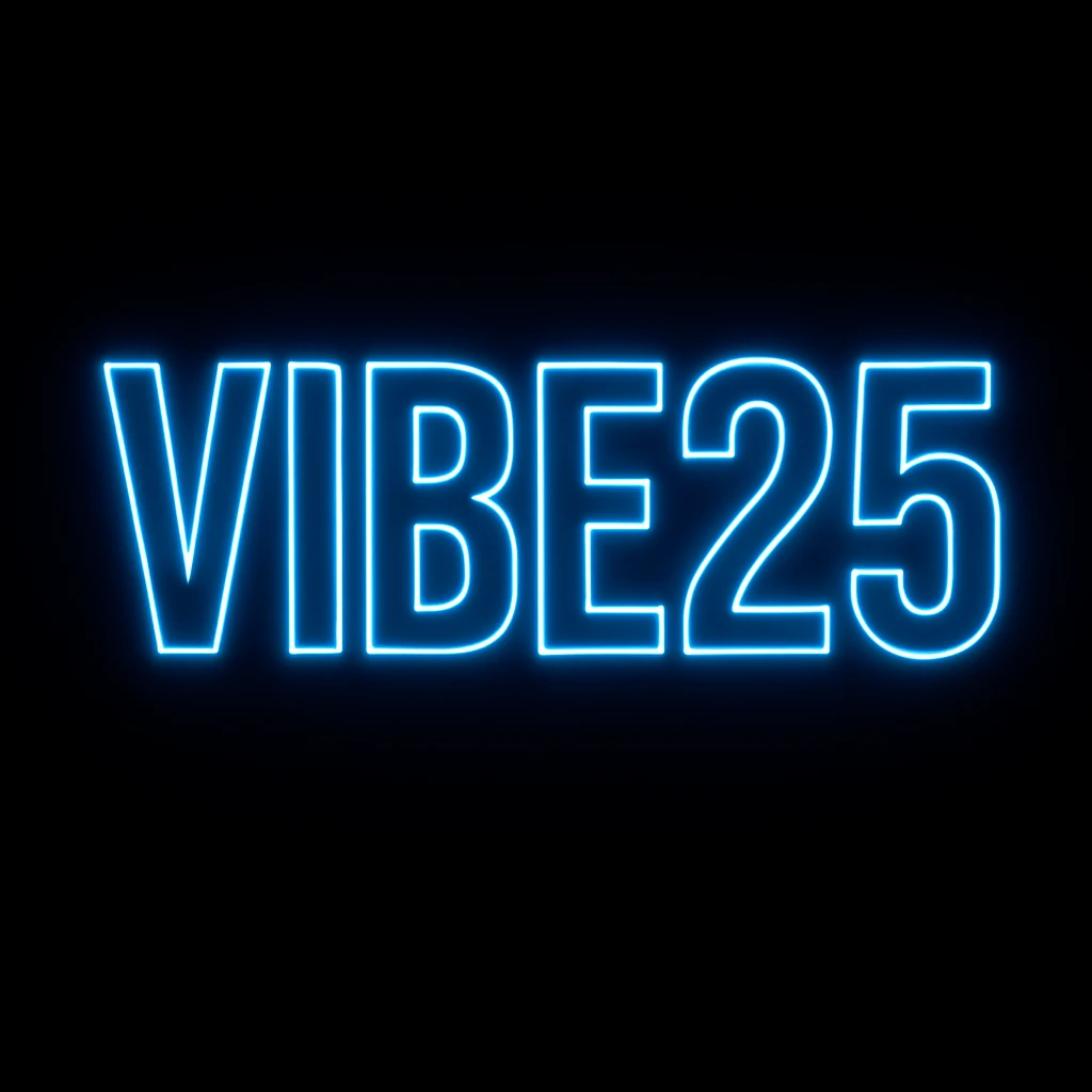 Refine the VIBE25 logo for small size readability. Keep the bold, simple lettering and neon blue glow. Ensure a clear, strong Tron-style outline remains around the letters. Maintain the solid black background and futuristic look. Focus on clarity and strong outlines for small scale visibility. emoji