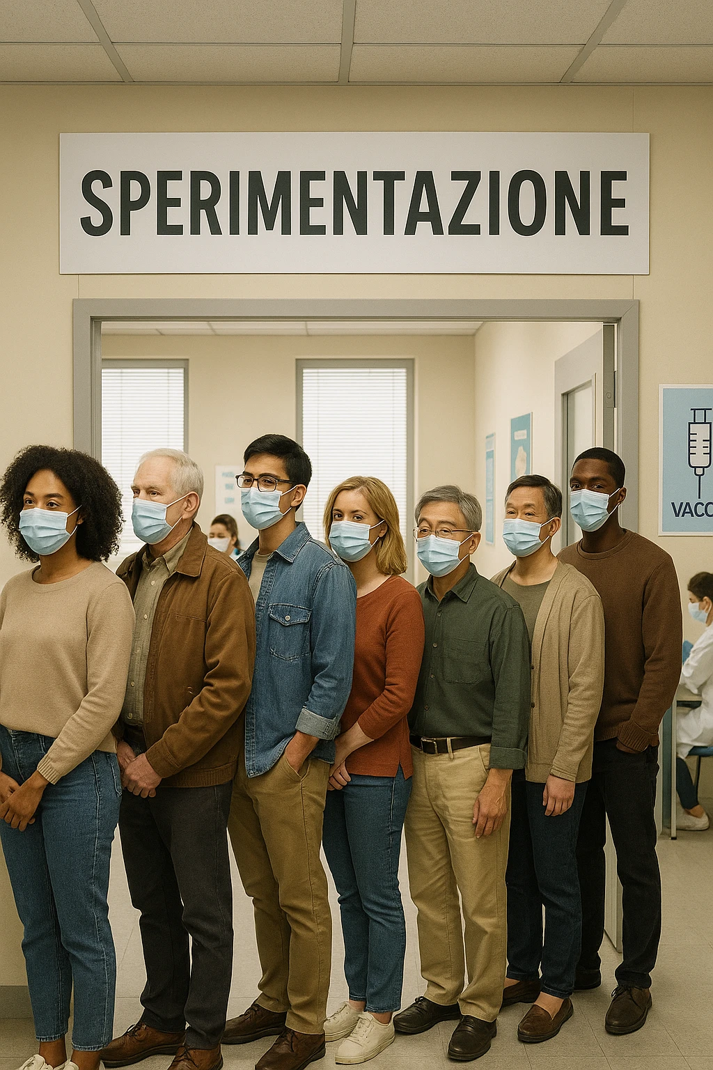 donne e uomini che fanno fila per i vaccini, chiamati "Sperimentazione" emoji