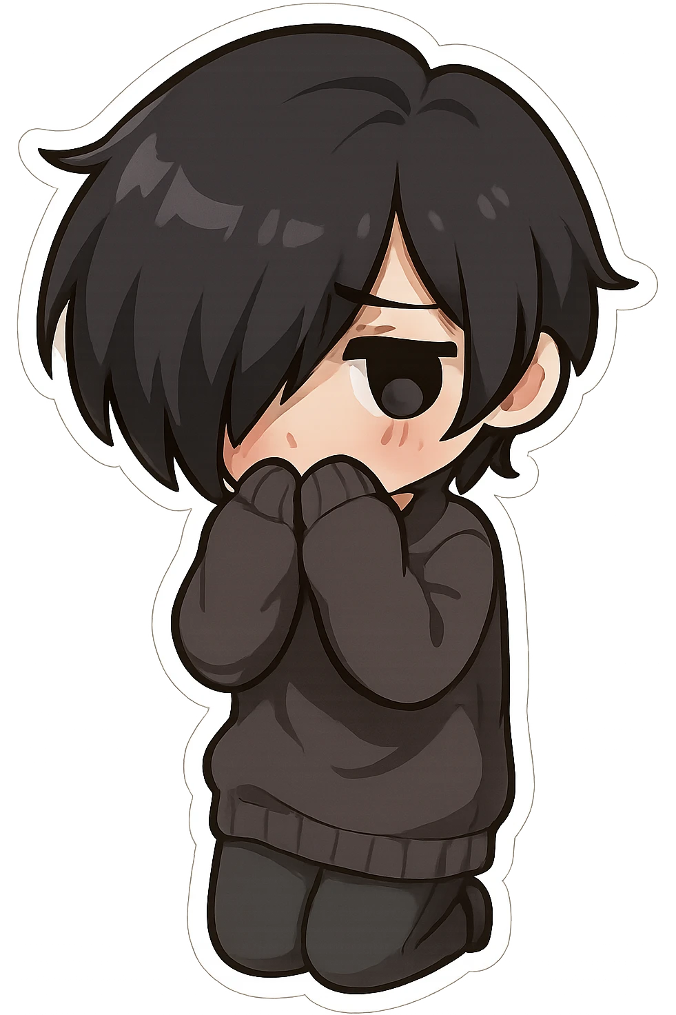 emo teen with dark hair covering one eye, chibi style, oversized sweater, shy pose, pale skin, no background emoji
