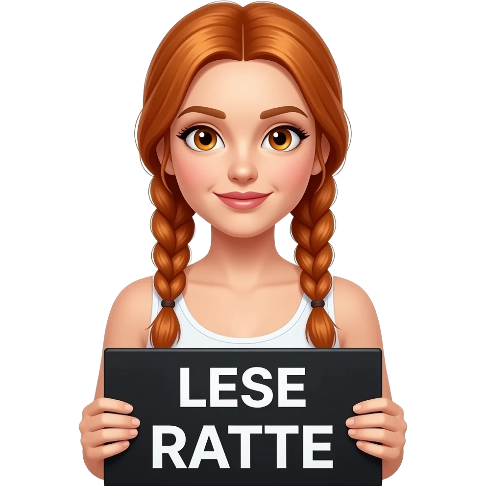 sexy girl with long ginger braids and ginger eyes wearing a white tanktop is holding a black sign with LESE RATTE written on it emoji