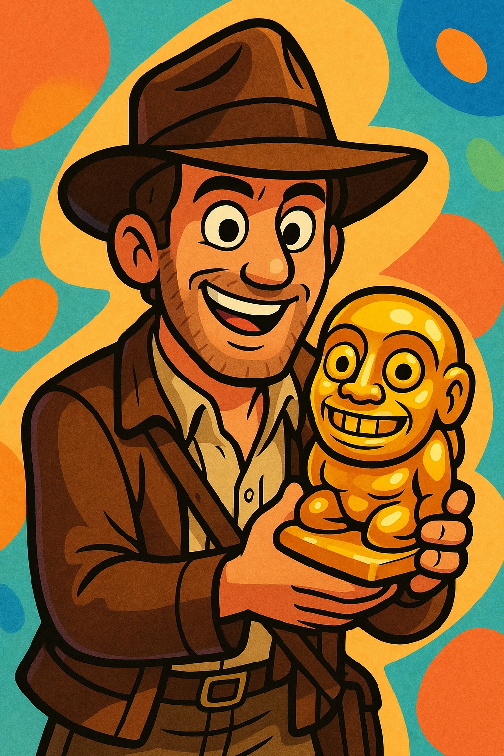 Indiana Jones, cartoon style, wearing a brown jacket and hat, holding a golden idol, colorful and playful emoji