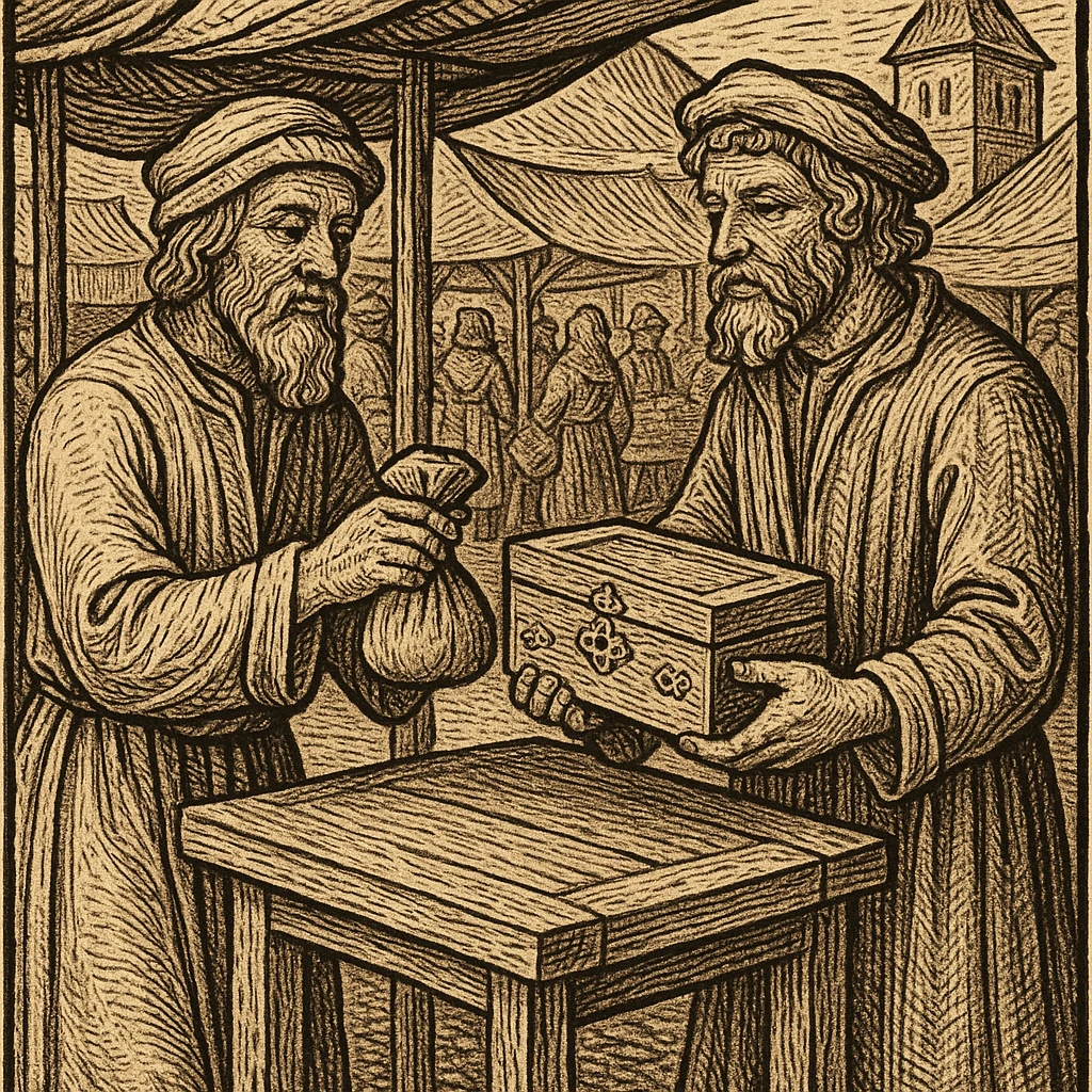 Сгенерируй мне гравюру, как в средневековье один мужчина дает другому мешочек, а другой украшение коробку деревянную, они торгуют, все это происходит на рынке emoji