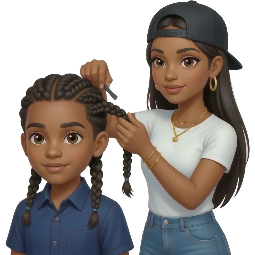 African American boy with two cornrow style braids wearing a navy blue button up shirt getting hair braided by African American woman with long straight black hair wearing a fitted white t shirt wearing a black adjustable cap backwards on head wearing hoop earrings wearing gold tennis necklaces emoji