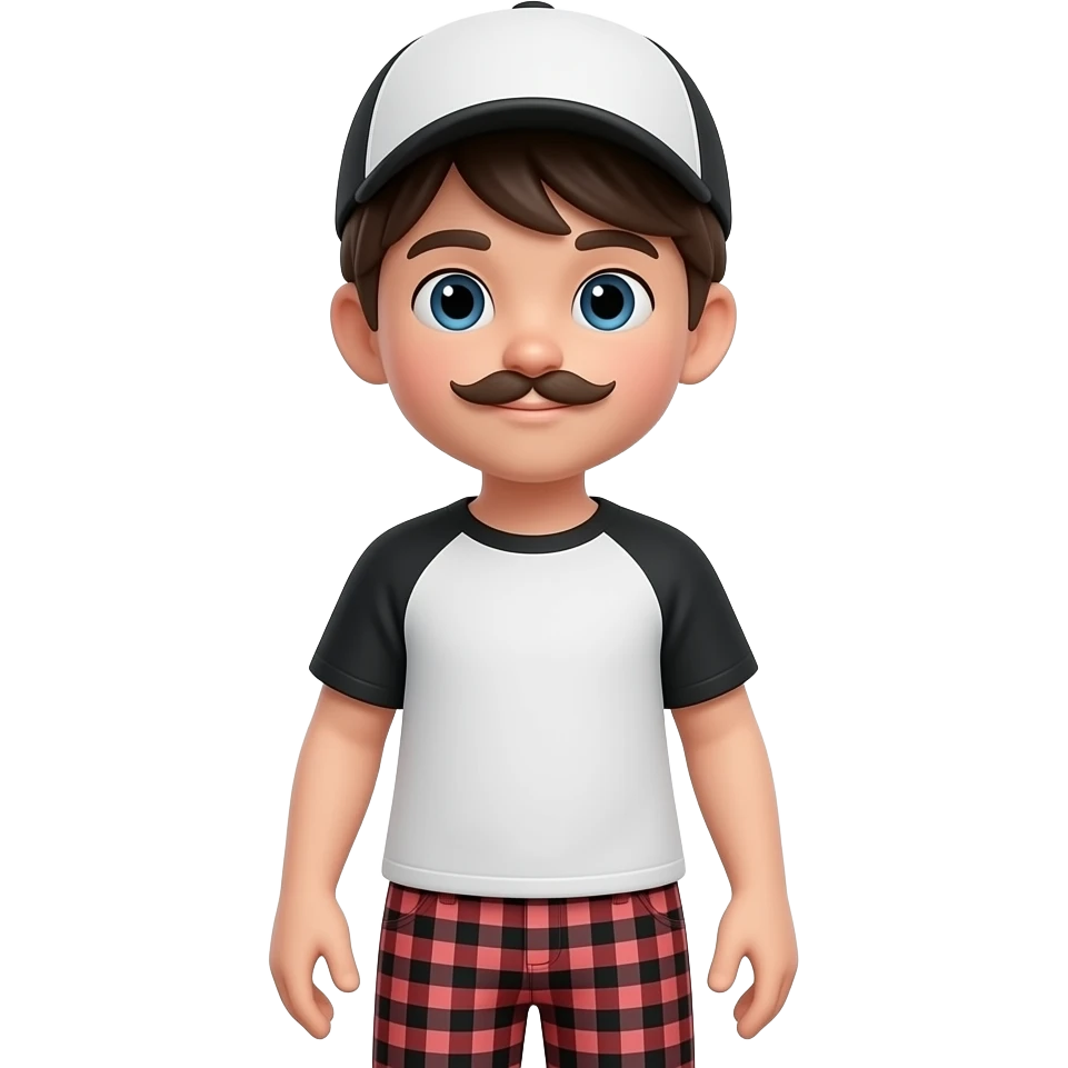 3D emoji of a 7-year-old boy, black and white t-shirt, red-black-white checkered pants, black and white cap, small mustache, clean style, cute face emoji