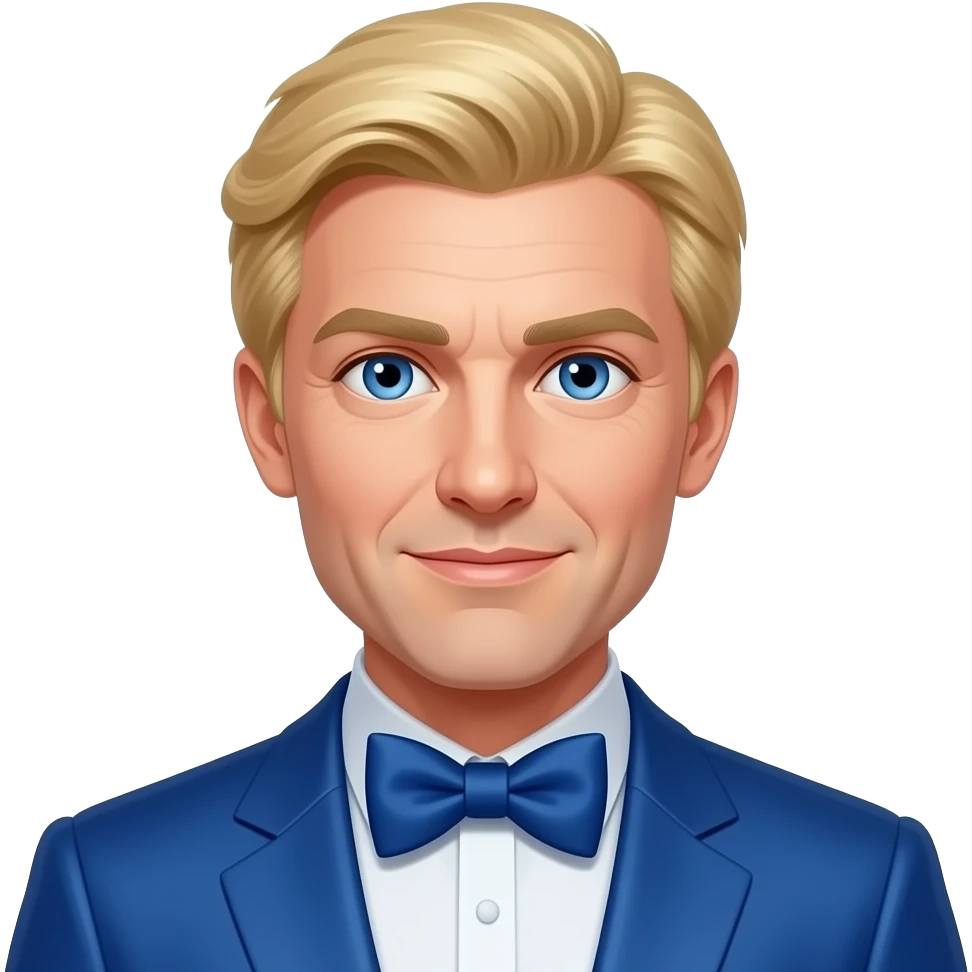 Chris Evans with blue eyes, blonde hair, blue silk suit with bow tie emoji