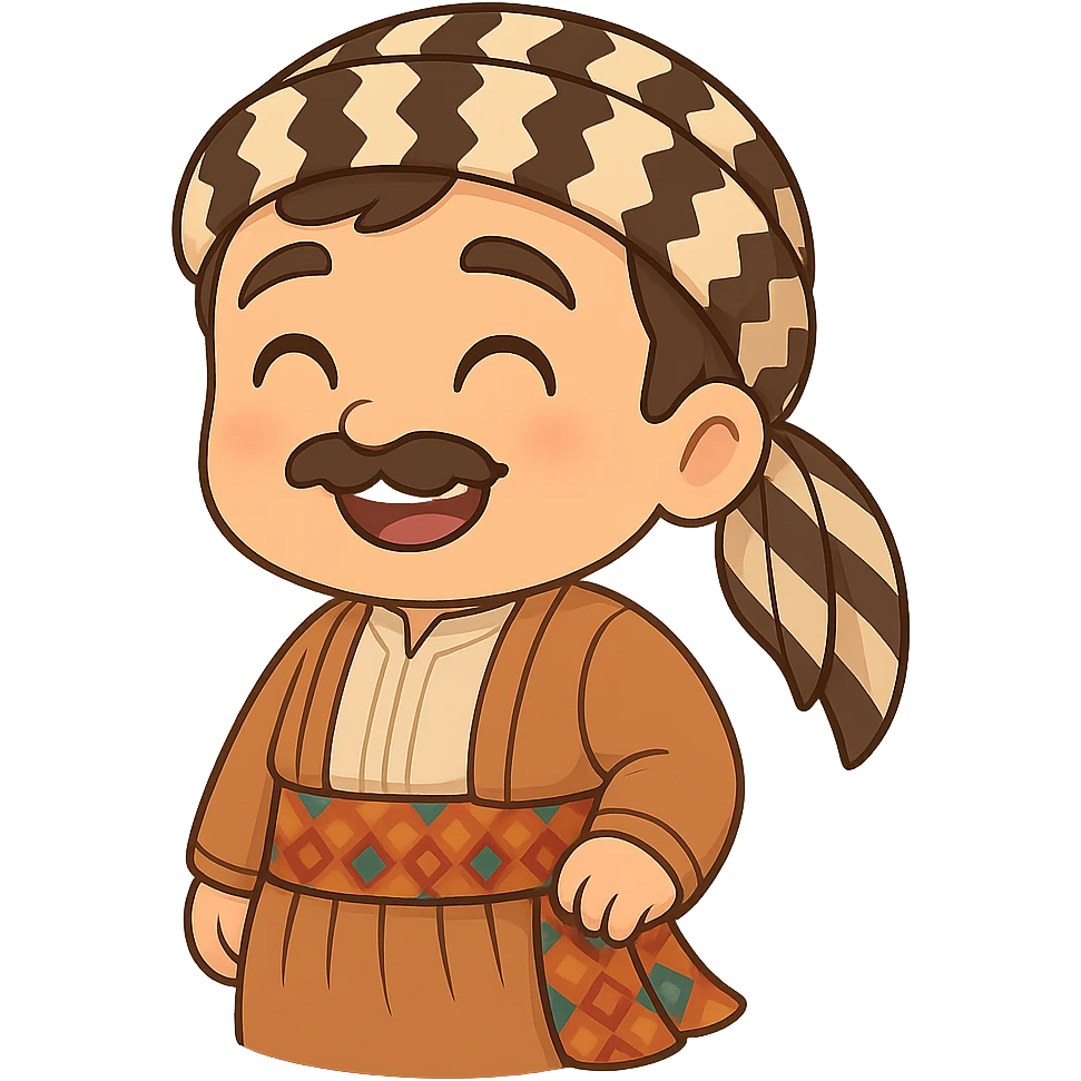 Create a chibi Kurdish cartoon sticker based on the reference image, showing a happy (smiling/laughing) expression, with a transparent background. emoji