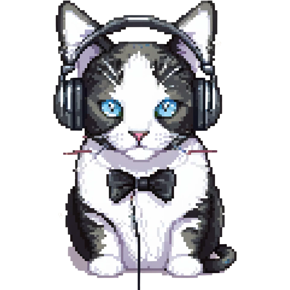 Edit the pixel art image of the cat to make it a tuxedo cat with black and white fur pattern, keep the headphones on the cat, and maintain no background (transparent). emoji