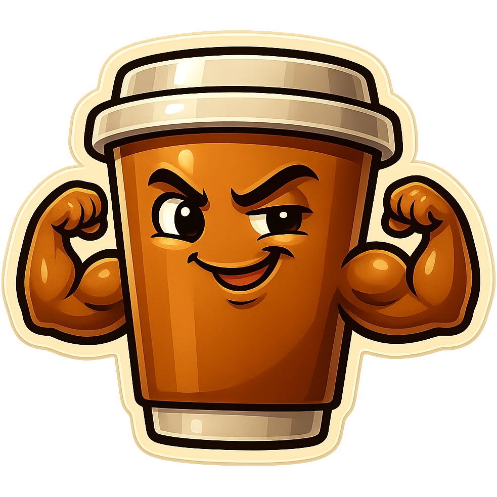 Tall coffee cup, showing off muscles, smirking, flirty emoji