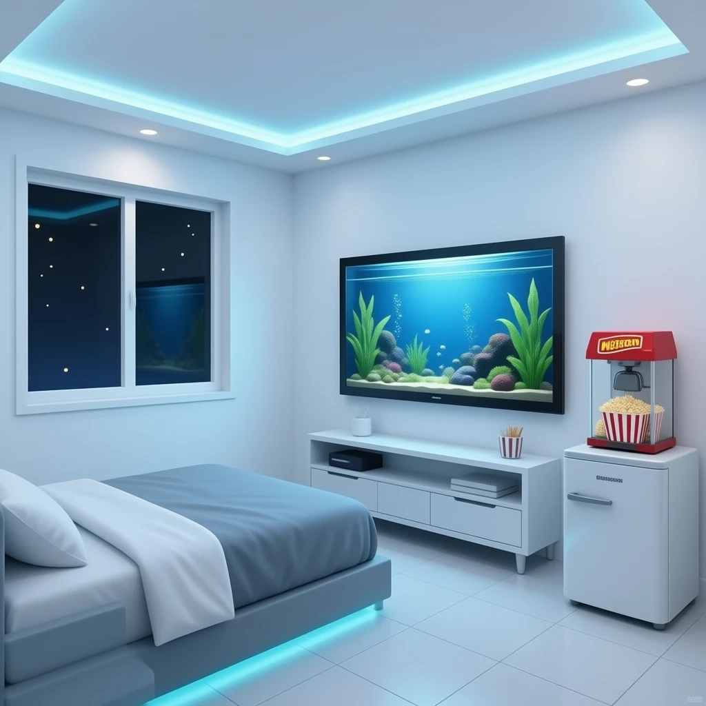 cool led room with bed, mini fridge, pop corn machine, a built in aquaruim wall with a giant tv. emoji