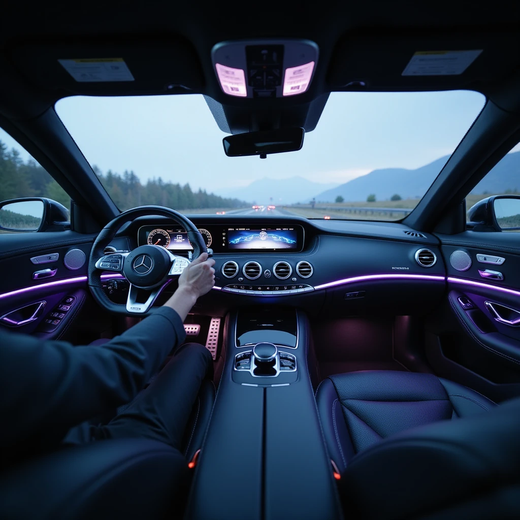 Ultra-realistic POV from driver's seat of a 2025 Mercedes-Benz S-Class. Luxury interior, ambient blue/purple lighting, futuristic dashboard, glowing infotainment, realistic hand on Mercedes steering wheel. Trim reflections, dynamic shadows, blurred windshield. Cinematic, 8K hyperrealism. emoji