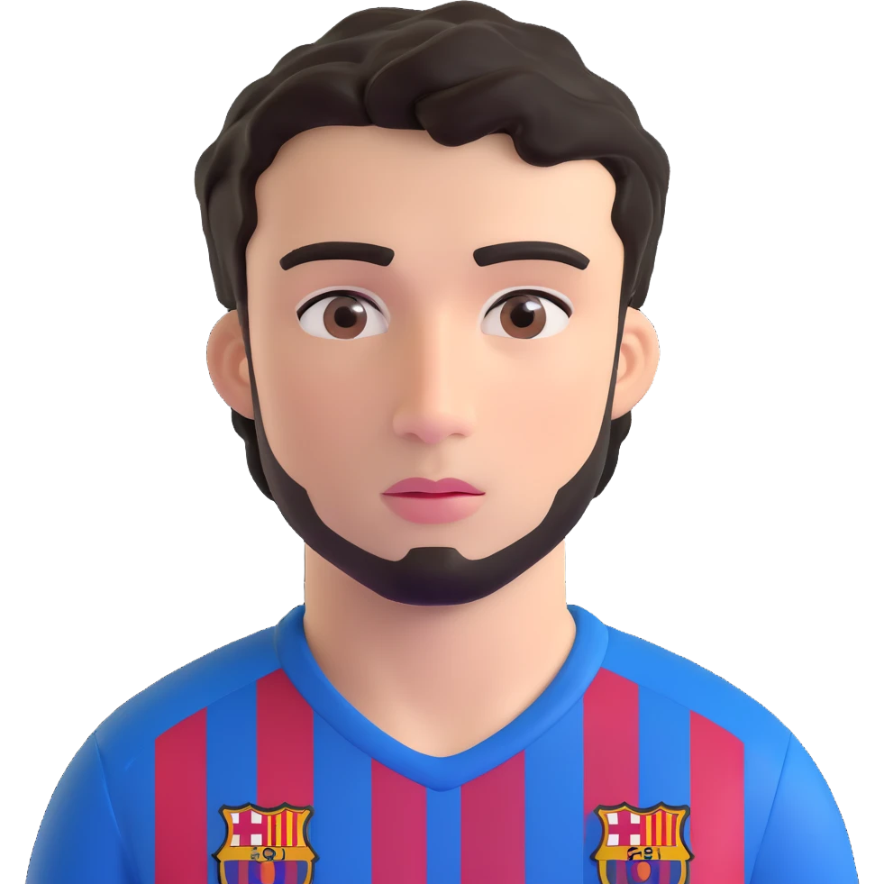 young male footballer inspired by Lamine Yamal, youthful face, short curly black hair, brown eyes, subtle confident expression, wearing FC Barcelona home kit with blue and red stripes and club logo visible on chest, smooth shading, slightly oversized eyes, clean facial hair emoji