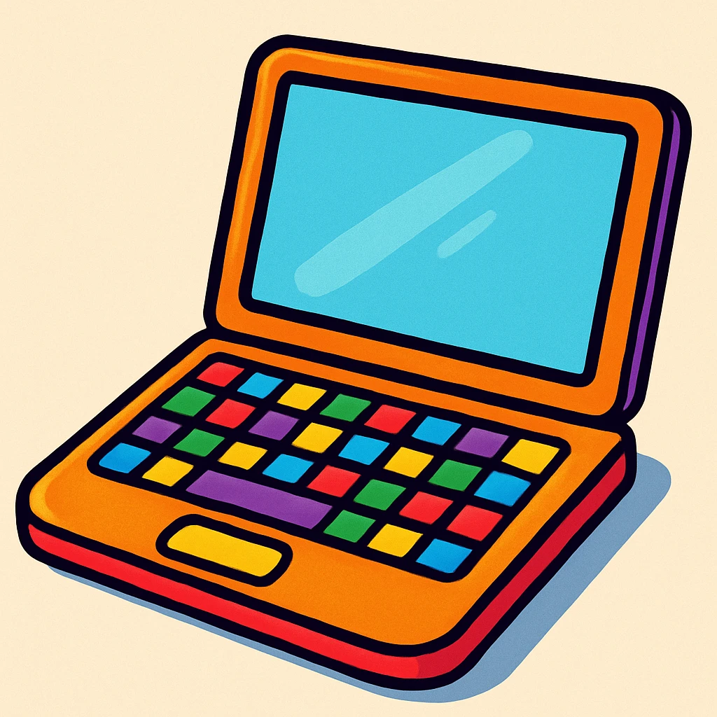 stylized laptop with colorful keys, vibrant cartoon style emoji