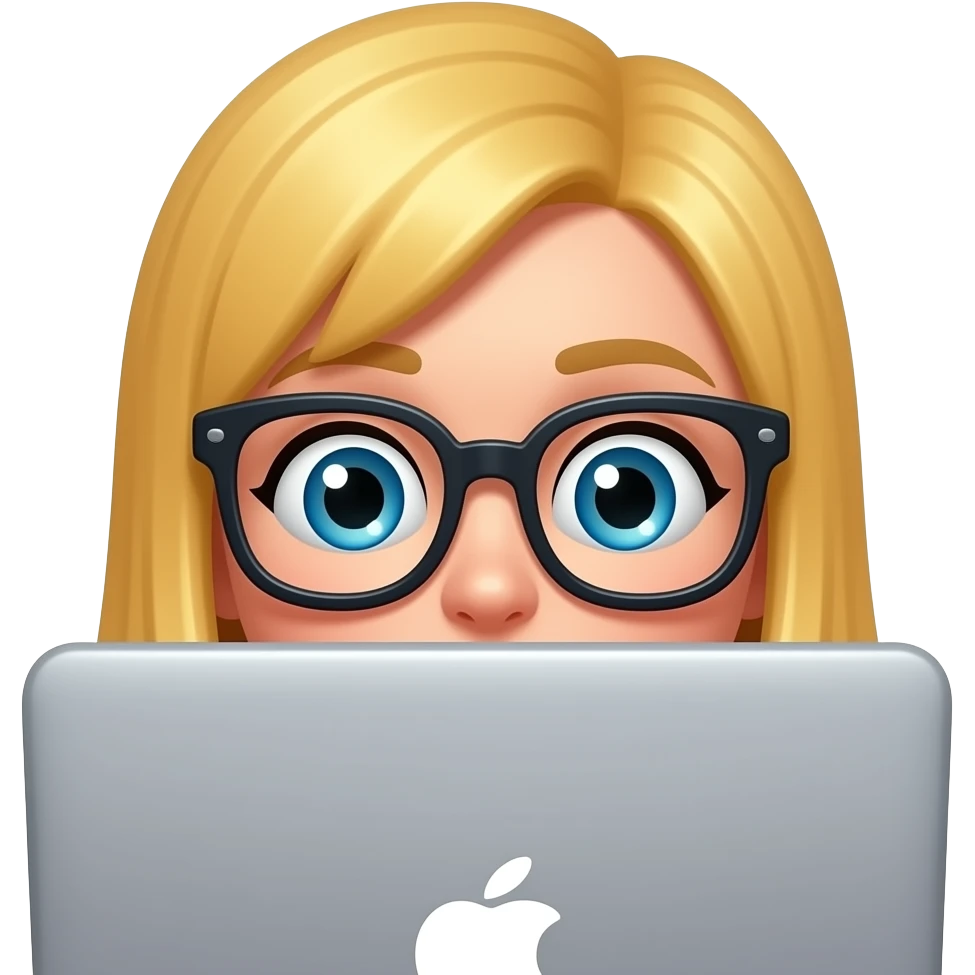 3D emoji-style female character with blode hair and big glasses, eyes wide, peeking over a laptop, emoji