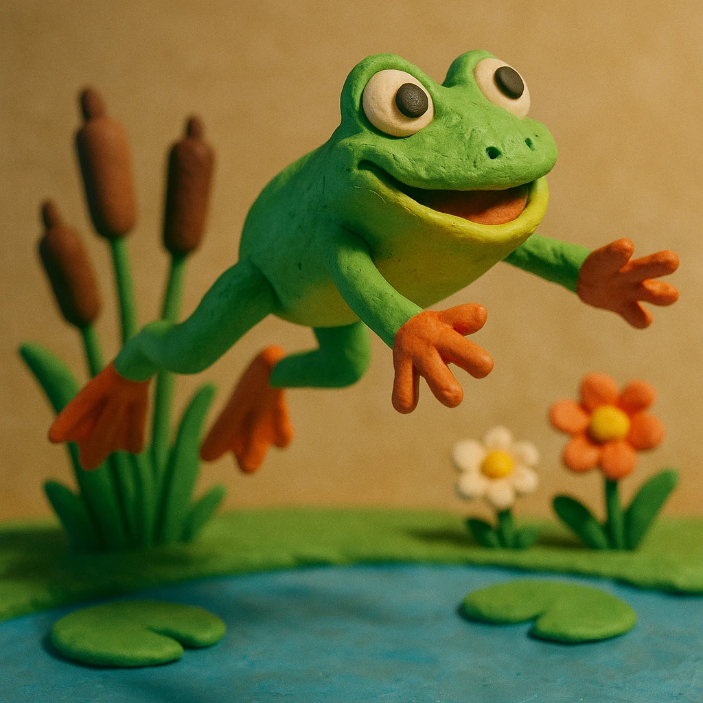 frog leaping above a pond with cattails and flowers, playful and colorful, claymation style emoji