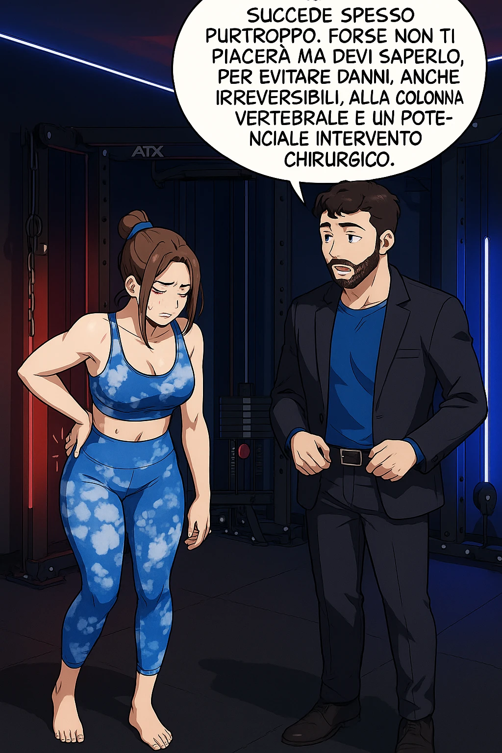 fai questa immagine in versione manga/webtoon a colori, il manga mostra l'uomo che risponde alla donne:
Succede spesso purtroppo. 
Forse non ti piacerà ma devi saperlo, per evitare danni, anche irreversibili, alla colonna vertebrale e un potenziale intervento chirurgico. emoji