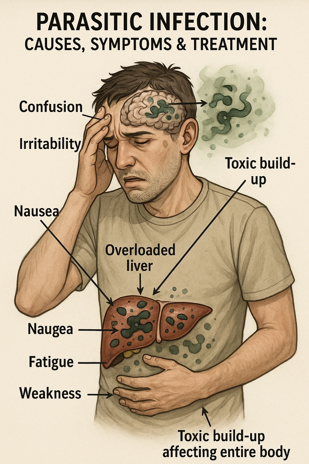 "Man feeling increasingly unwell as his liver fails to filter toxins, nausea, tiredness, and weakness overwhelming him as toxins infiltrate his brain causing confusion and irritability Parasitic Infection: Causes, Symptoms & Treatment, expression of mental fog and physical exhaustion, liver shown as overworked organ with reduced filtration capacity, toxic buildup affecting entire body systems" in italiano emoji