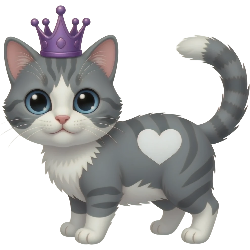 Female gray and white kitten with white heart on side and with purple crown emoji