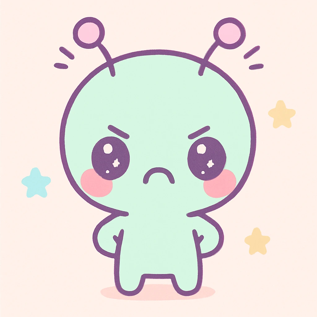 kawaii cartoon alien, angry pout, blushing cheeks, antennae twitching, oversized head, soft color palette emoji
