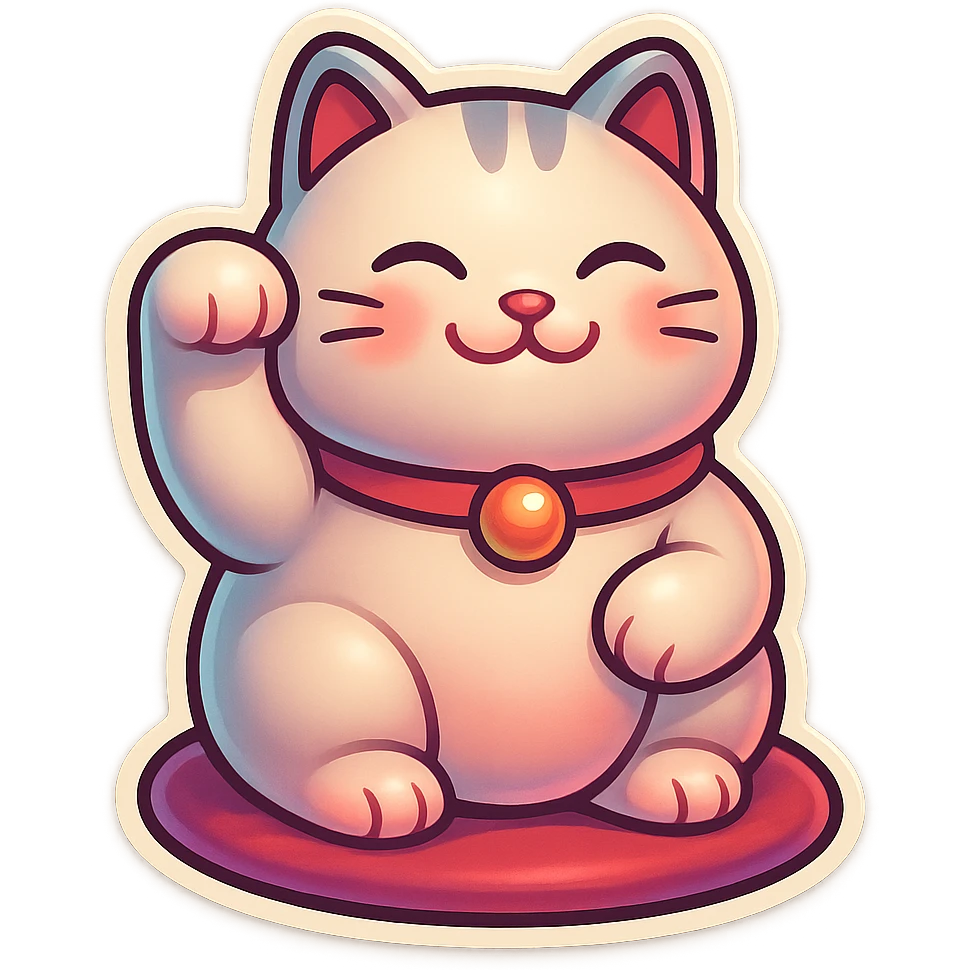 A plump maneki-neko cat with the face like in the second reference, sitting on a cushion like in the first reference. The left paw (from viewer's perspective) is raised, the right paw rests on the belly. Thin clean contours, soft rounded shapes, detailed drawing with shadows and highlights, pastel palette #98B5BC, #B5B3C1, #C9A3C9, #E4C0CA, #F7DCD1, #F7C0AA, modern Japanese pop art style, soft lighting, transparent background. emoji