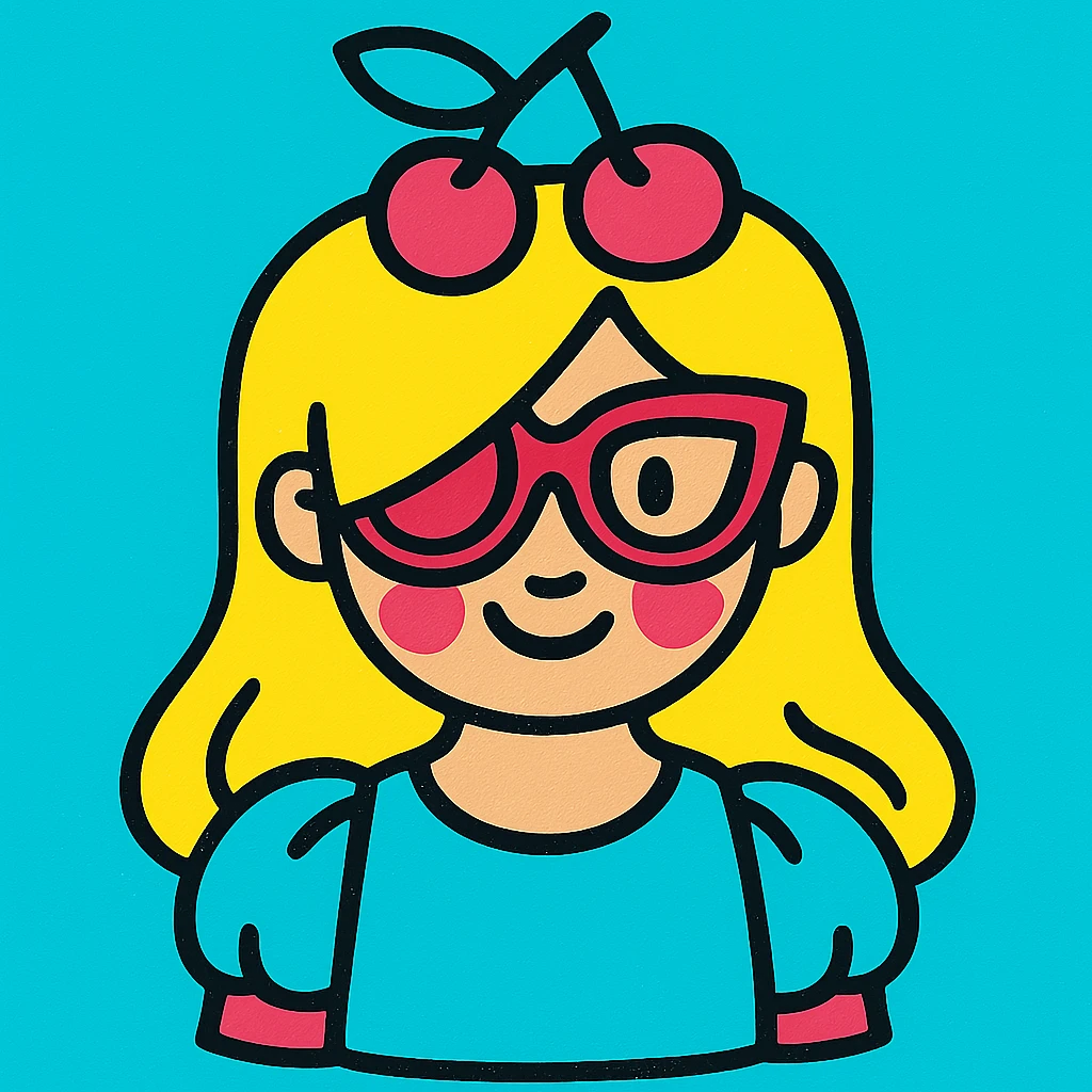 Add puffy sleeves to the woman's baby blue shirt, keeping the vibrant, colorful style with bold and bright colors, no background. emoji