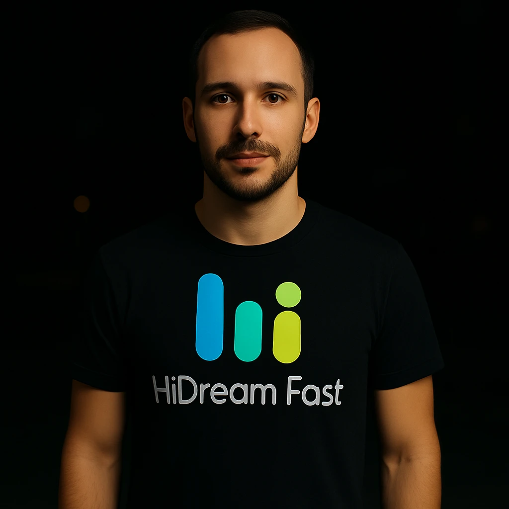 man wearing tshirt with this logo, dark night background with dim , add fast below logo, make man fit into image, add fast insead pf the dev keep rest same emoji