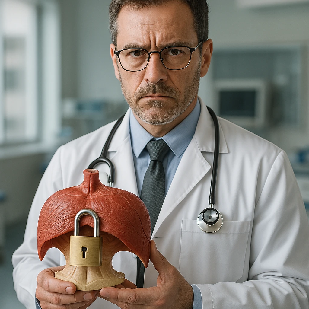 realistic doctor holding an anatomical model of the diaphragm locked with a padlock, serious expression, clinical details, modern medical environment, no cartoon or comic elements, hyper realistic style emoji