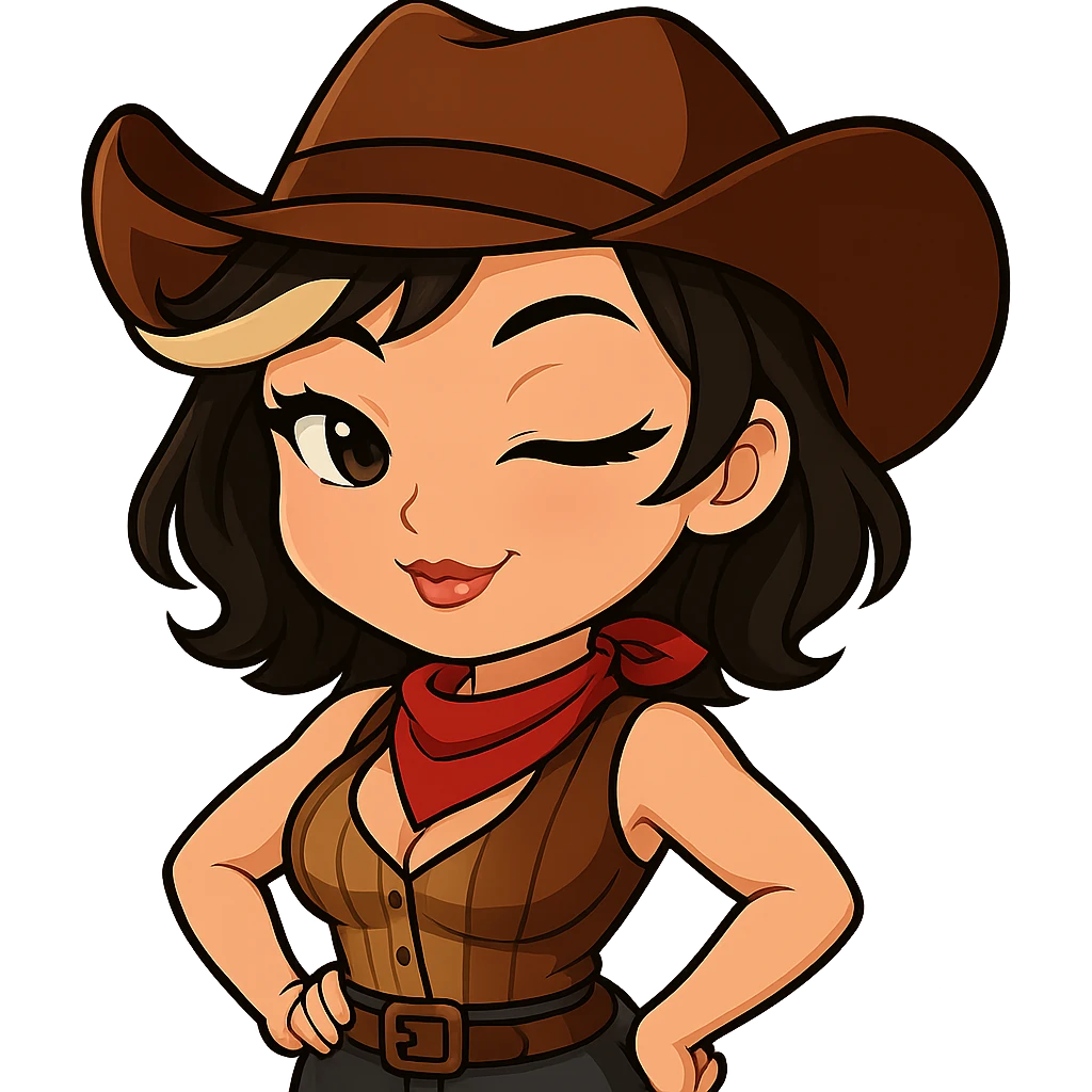 Chibi cowgirl with short hair and a blonde streak, wearing a cowboy hat and western outfit, no guns. Pose: hands on hips, big confident smile, sexier look with more feminine curves and a flirty expression. Chibi/anime style, transparent background, sized for Twitch or Discord use. emoji