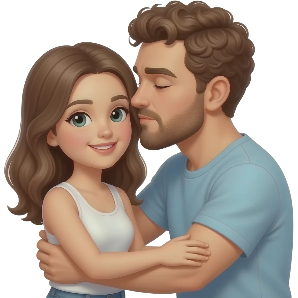 Realistic white man brown super short curly hair with beard kissing strongly and hugging realistic white girl brown hair emoji