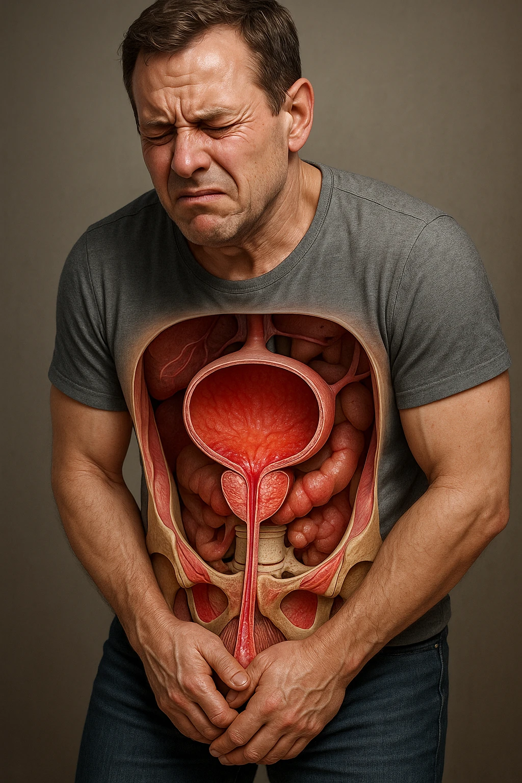 Vertical, hyper-realistic 3D cutaway illustration: uomo con difficoltà con cistite e problemi  emoji