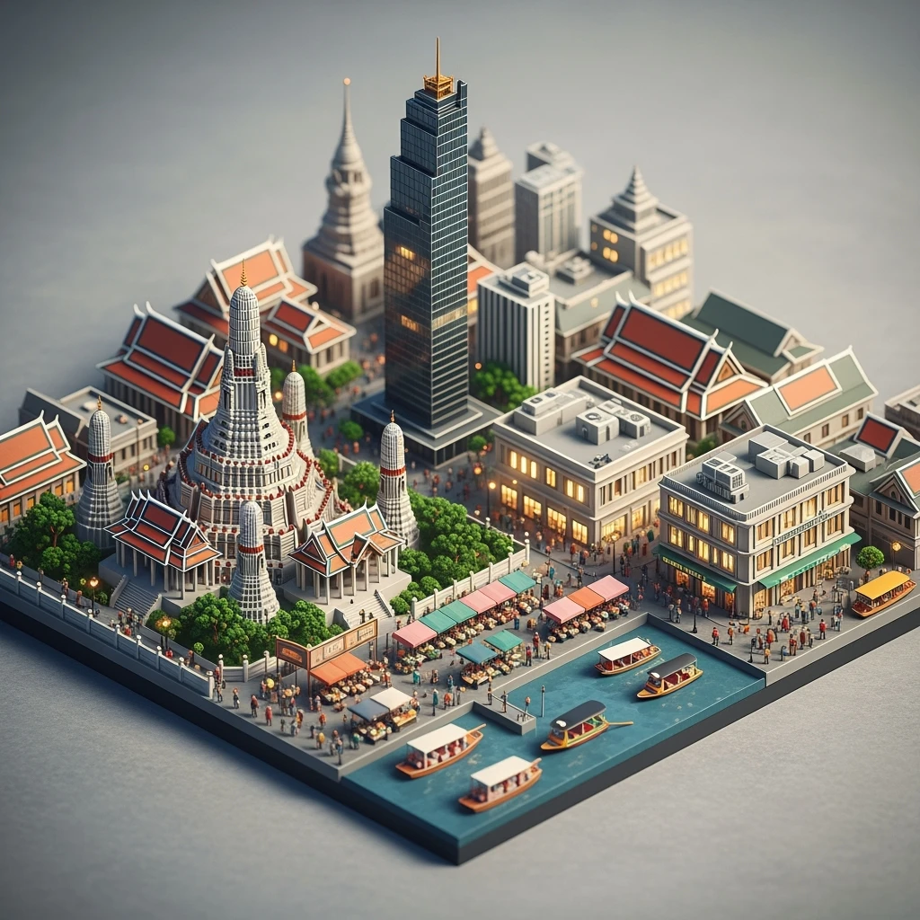 Isometric miniature of Bangkok 3D miniature effect and Tilt Shift effect, no cartoonish look, transparent background. emoji