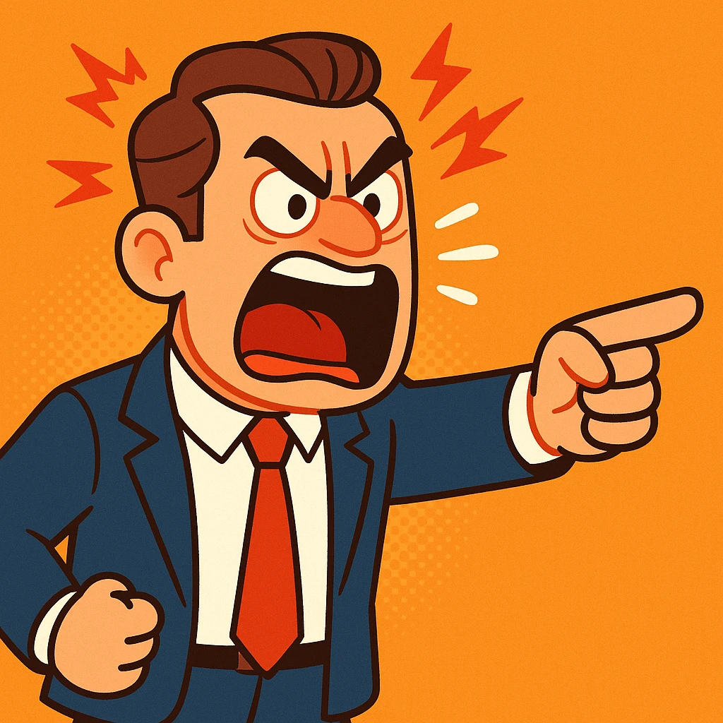male boss shouting, furious expression, pointing finger, formal clothes, animated style emoji
