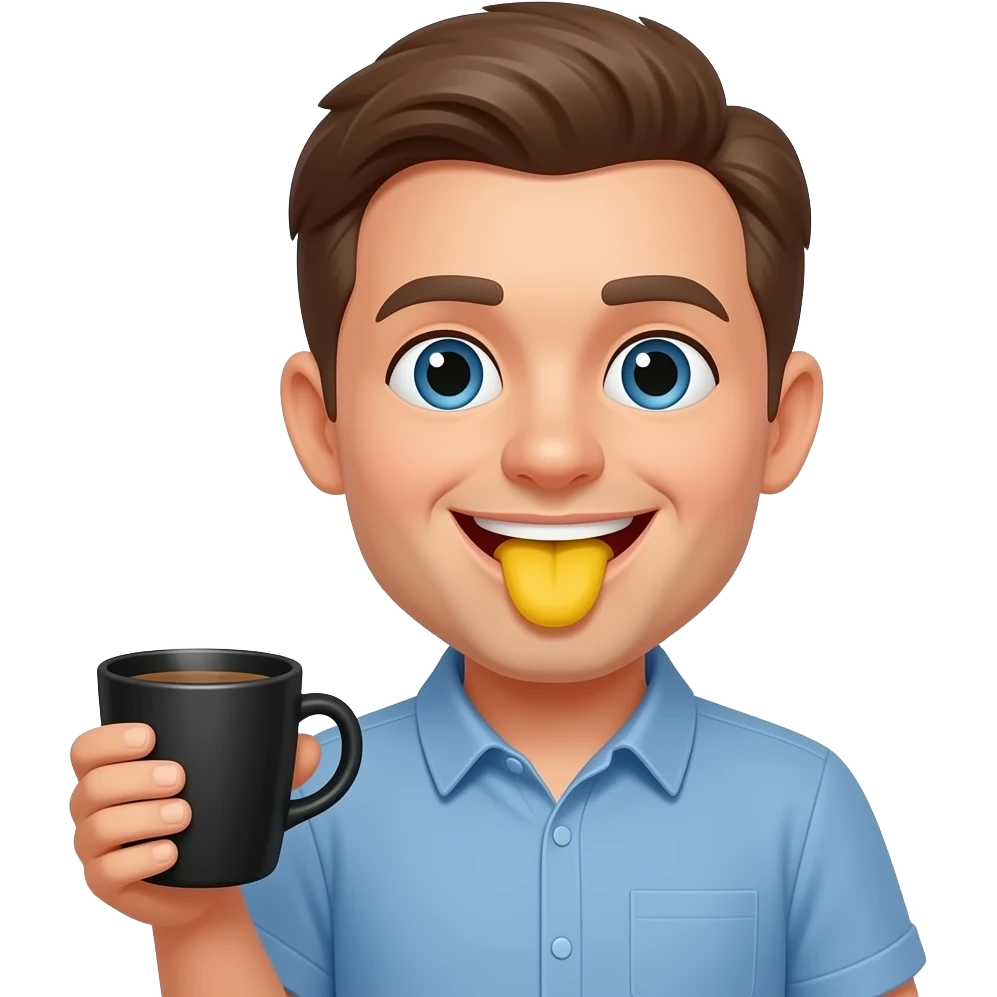 Emojis.com padrão emoji amarelo feliz com tomando xícara de cafépreto com aparelho apagado com os dentes a mostra bem 👅 do amarelo emoji