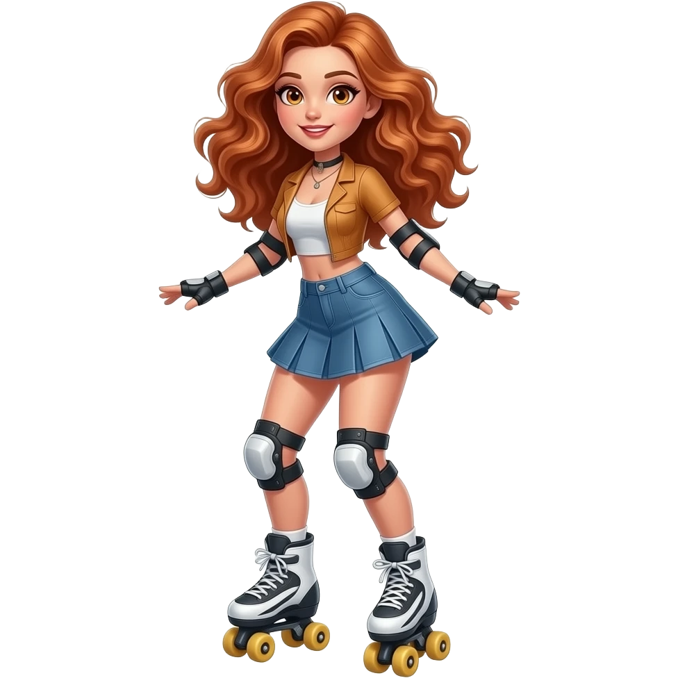 sexy girl with long curly ginger hair and ginger eyes is doing roller skating emoji