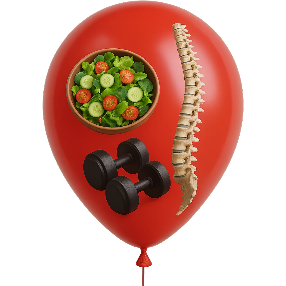 palloncino rosso con all'interno insalata, manubri da palestra e una spina dorsale anatomica realistica in 3d, isolato su sfondo bianco emoji