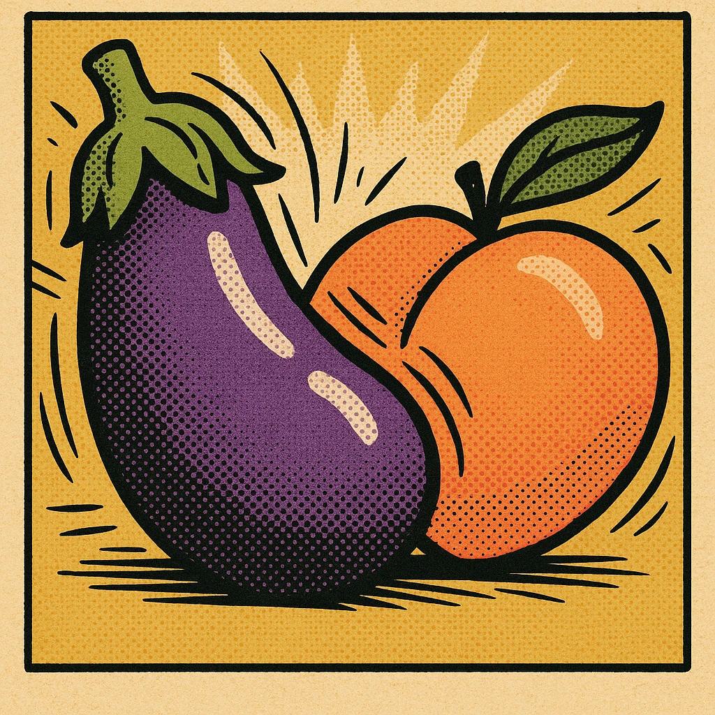 eggplant and peach with motion lines to show rubbing, comic style, bold outlines emoji