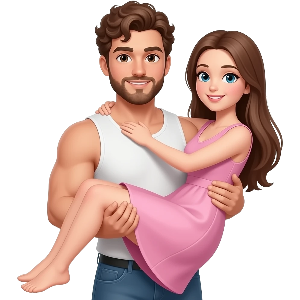 Realistic white skin brown short curly hair with beard muscular man carrying white skin long straight brown hair girlfriend wearing aesthetic pink dress HD emoji