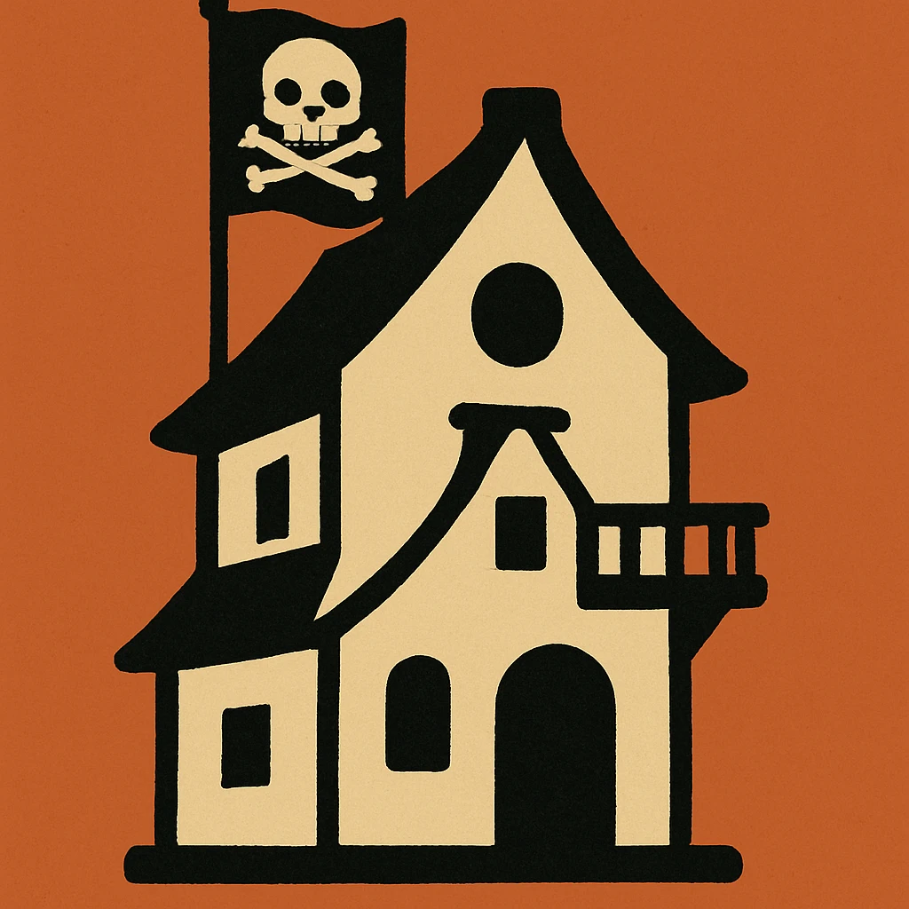 old pirate's house with skull flag emoji