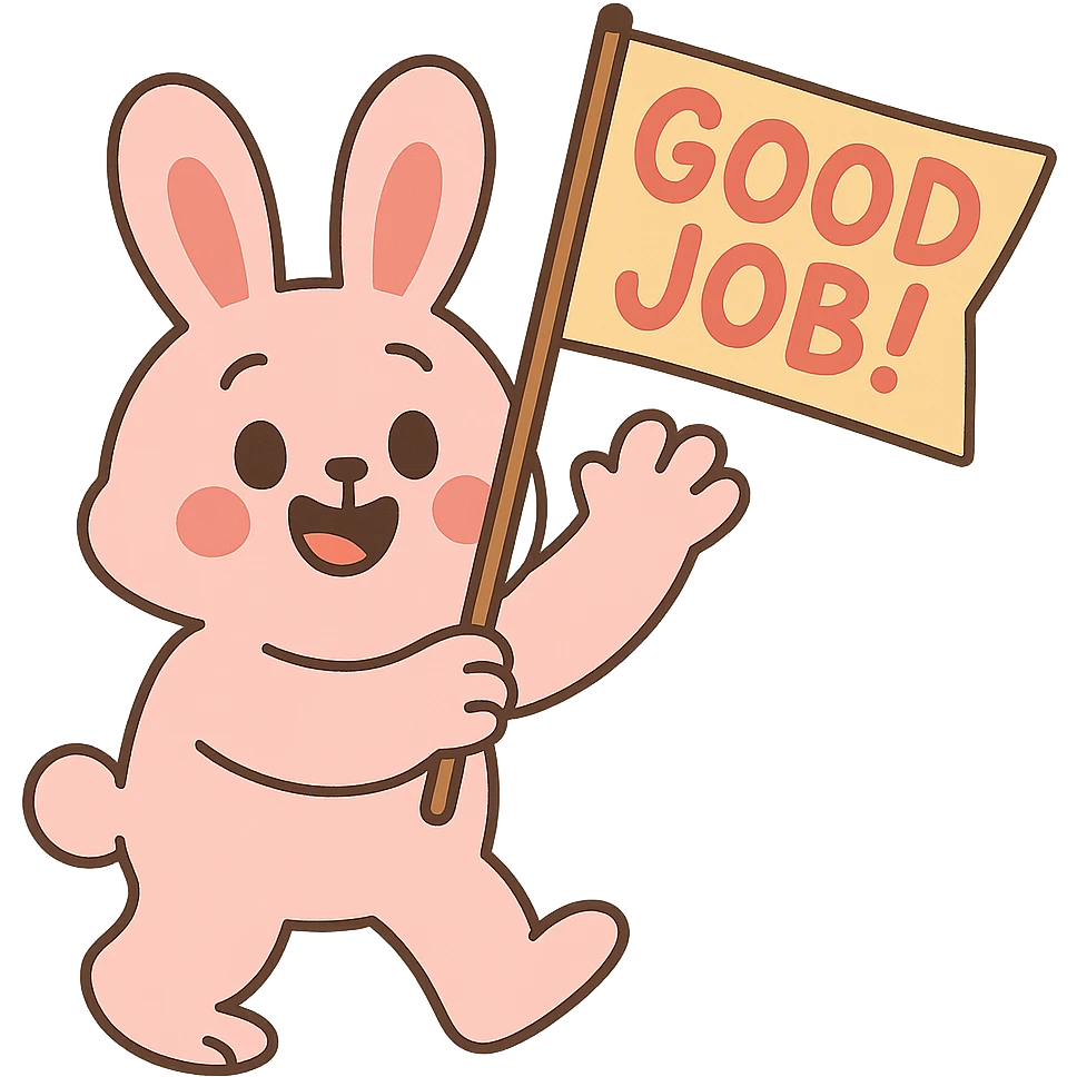 baby pink bunny waving a "Good Job!" flag, pastel-toon style emoji