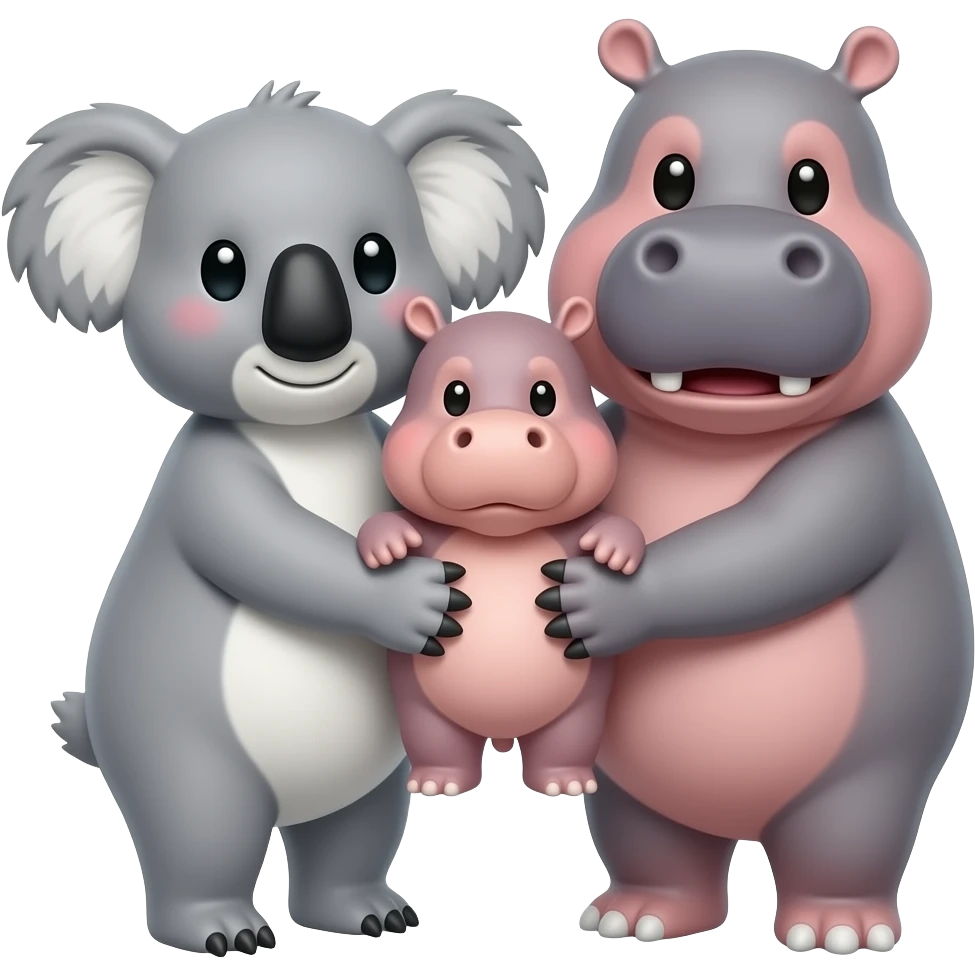 Koala and hippo holding cute baby hippo Together in both of their arms happy realistic emoji emoji