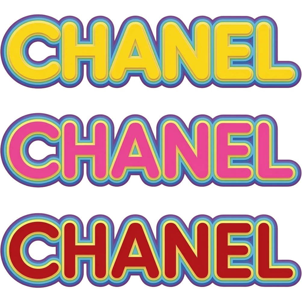 name "Chanel" in yellow pink red 3D style typography lettering, each color of the rainbow as a border outlined around each letter, isolated, 3d rendering, no emoji icons no emoji faces and must have no human figures emoji