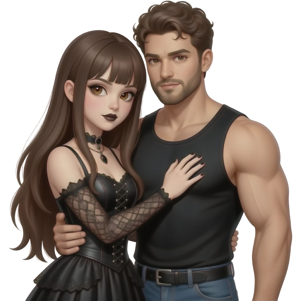 realistic pretty pale skin long straight brown hair girl brown eyes long face wearing gothic dress and gothic makeup HD and her muscular man short brown curly hair and beard hugging emoji